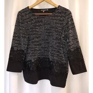 Karl Lagerfeld Paris Black White Marled Knit Lace Cuff and Hem Sweater XS